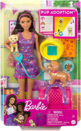 Adoption Barbie Puppy - Docka och 2 valpar, med adoptionscertifikat, färgbyteseffekt, bur och tillbehör, för barn från 3 år och uppåt, 86 HKD