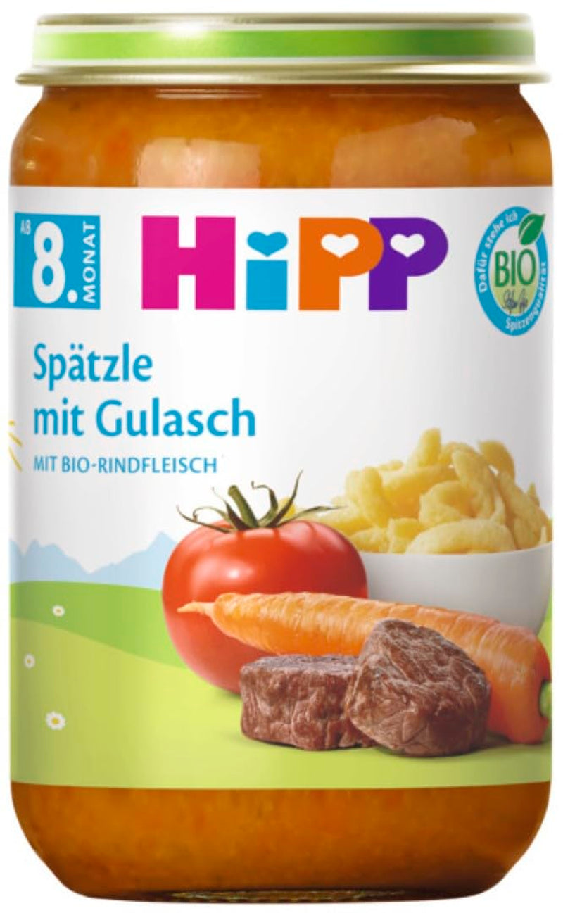 HiPP Spätzle med gulasch (6 x 220g), måltid från 8 månader, utan tillsatt salt, med Omega-3, bästa ekologiska kvalitet