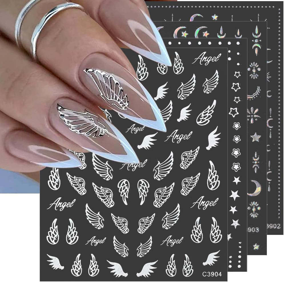 8 ark Guld Måne och stjärnor Nail Art Stickers Angel Wings Tan Guld Nail Stickers Stars Nagelfolier Självhäftande nagelklistermärken Nageldesign Tillbehör Nagelklistermärken