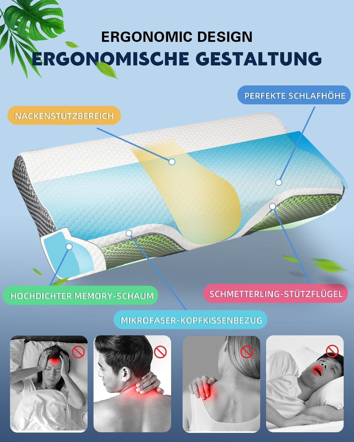 IDEA Kudde, Ergonomisk ortopedisk kudde för nacksmärta, Memory Foam Kudde för sido-, rygg- och bukslipare, Anti-snarkningskudde för män kvinnor (62 * 34,5 * 12/8 cm) Cervikala ortopediska kuddar Naty Shop