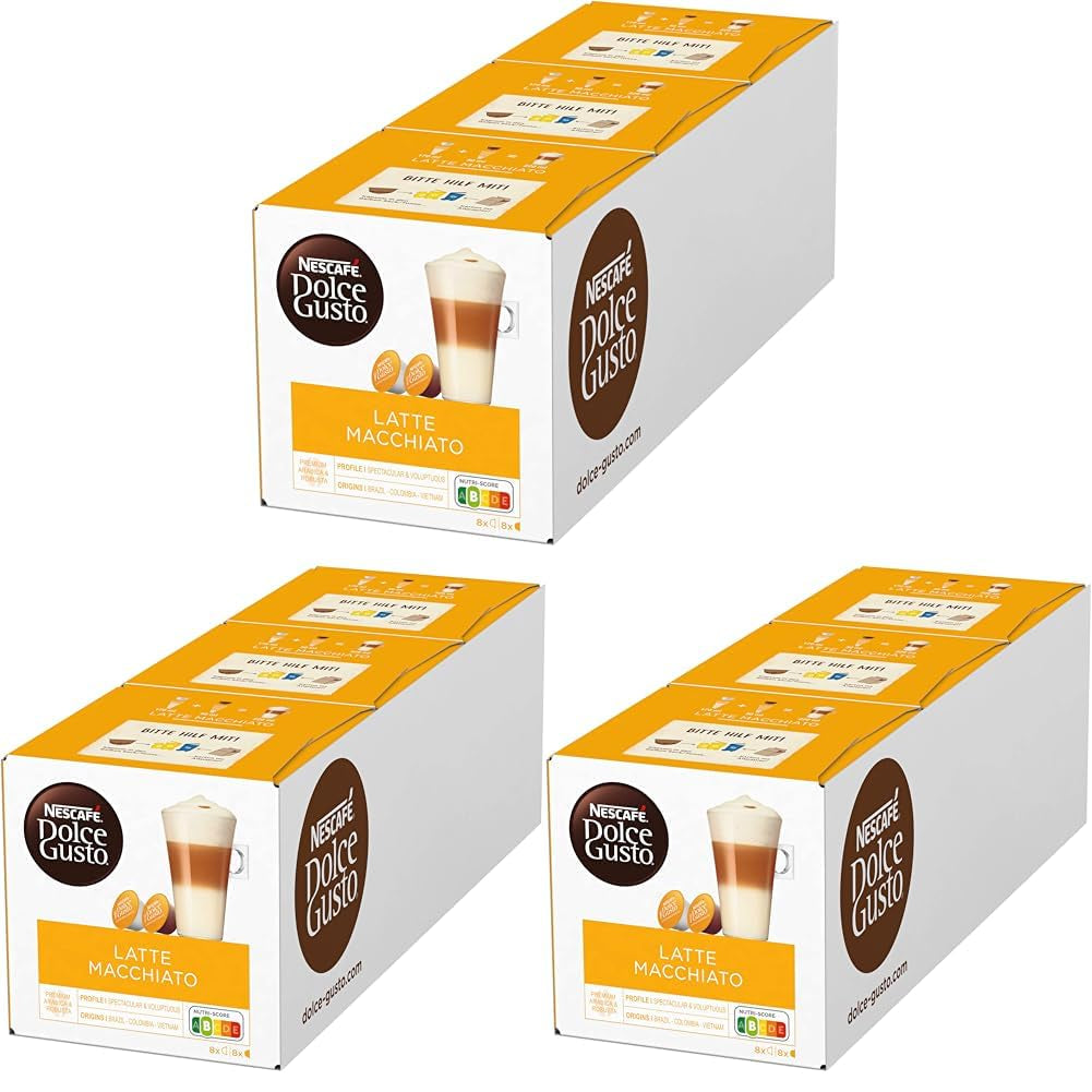 NESCAFÉ Dolce Gusto Latte Macchiato, 48 Kaffeekapseln, Aromatischer Espresso, 3-Schichten - Köstlichkeit aus feinem Milchschaum, Aromaversiegelte Kapseln, 9er Pack (3x16 Kapseln)