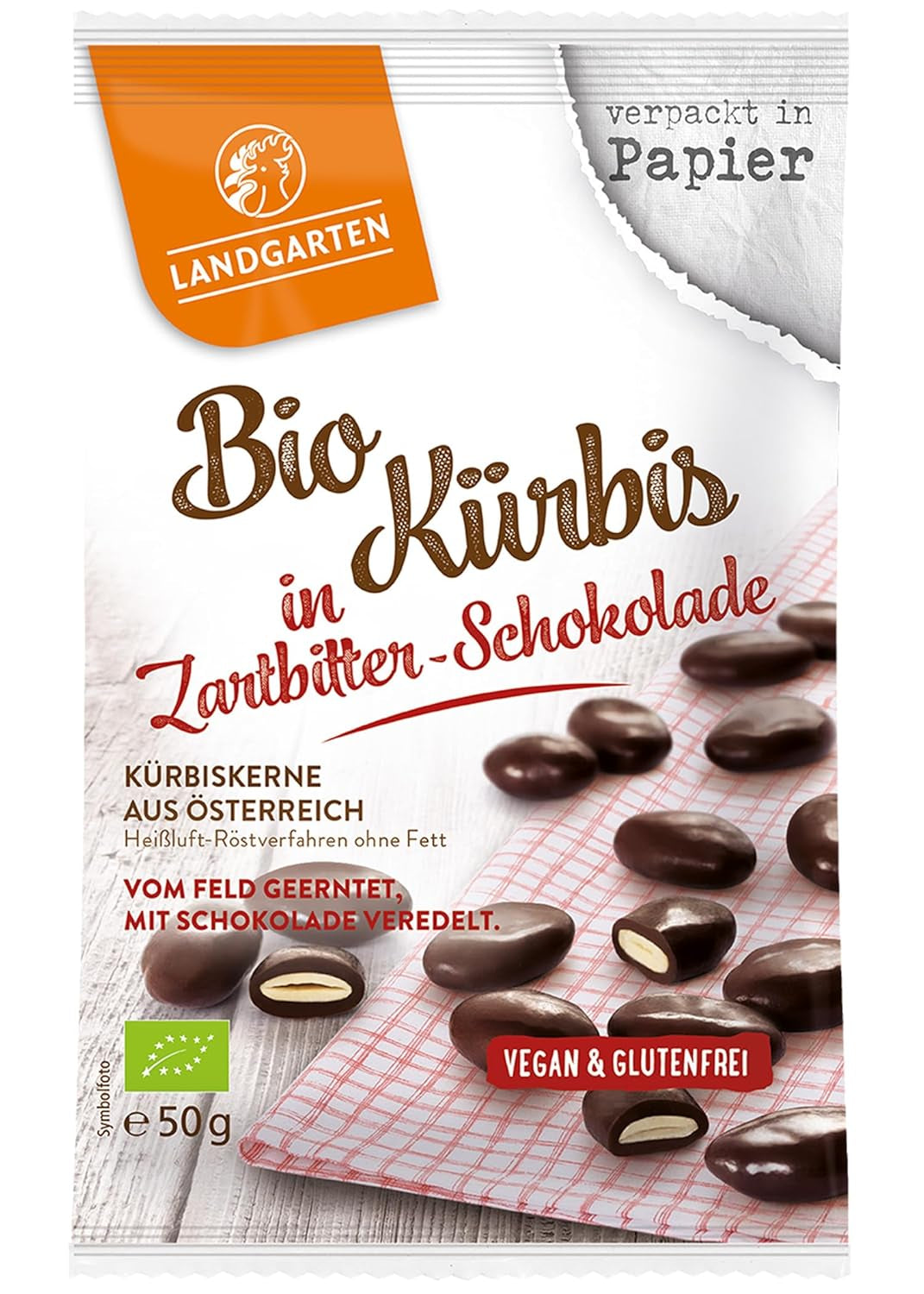 Landgarten ekologiska pumpafrön i mörk choklad - Vegansk rostad pumpafrönchokladmellanmål - Magnesiumkälla - 1 x 50 g