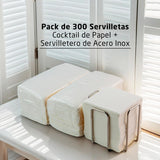 300-pack vita Cocktailpappersservetter + Servetthållare i rostfritt stål Micro Dot Texture Tjock Absorberande 10 X 10 cm ihopvikt