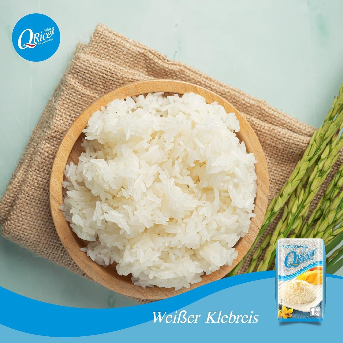 Q RICE | Weißer Klebreis Langkorn aus Thailand | Aromatisch mit klebriger Textur | Idealisk för curry, sushi, mochi eller rispudding 1 x 1 kg