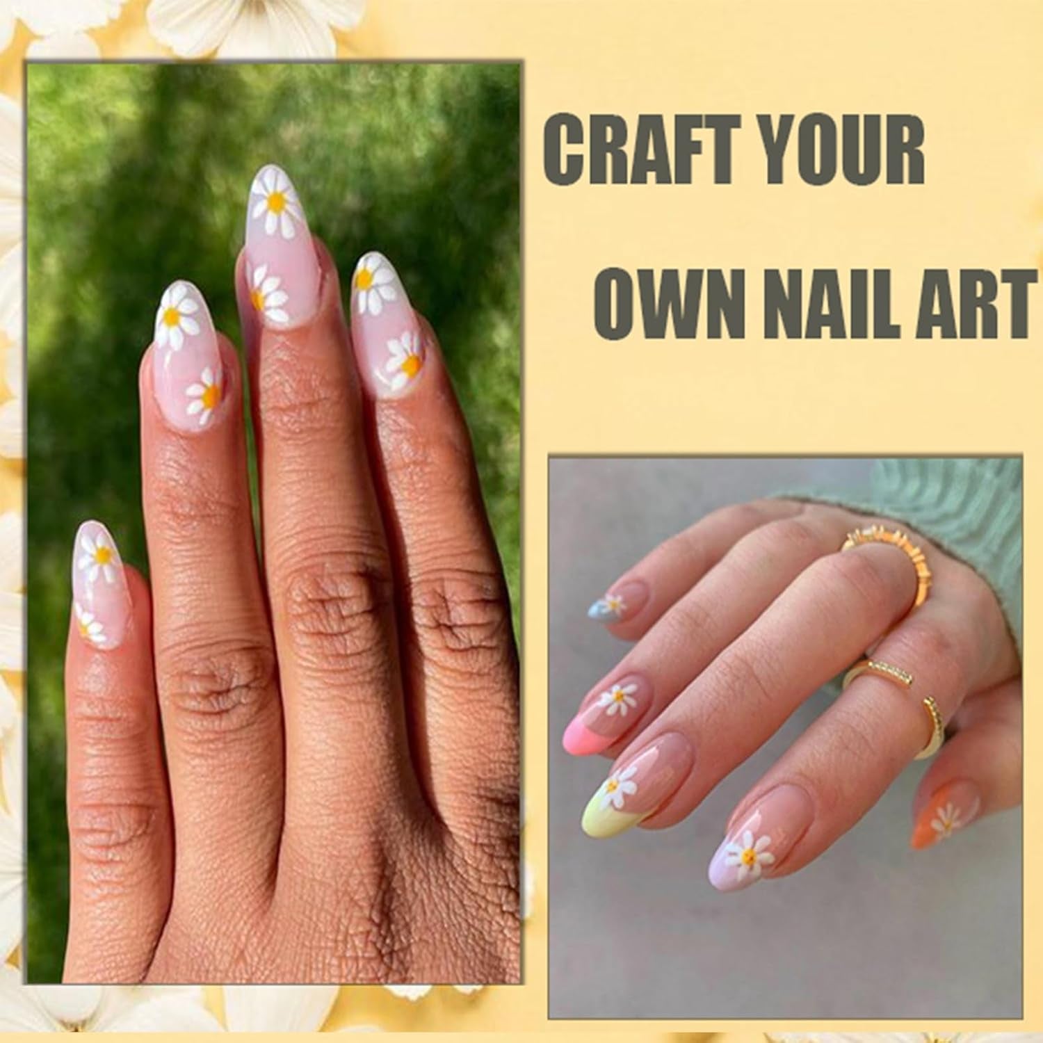 12 ark 3D-effekt Nagelklistermärke UV-härdande Långvarig Blomma Nagelklistermärken Gul Vit Daisy Nail Art Stickers