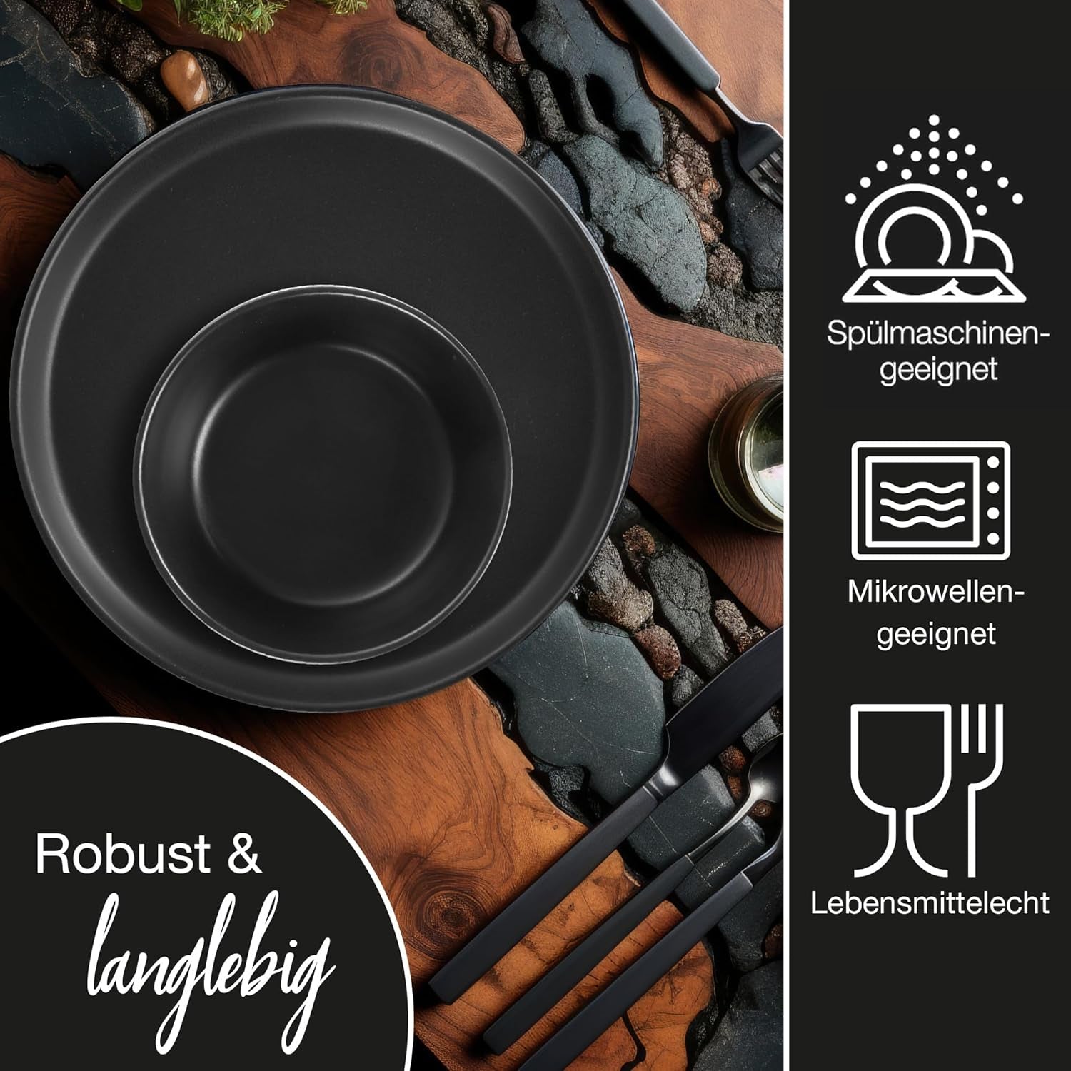 Moritz & Moritz NORDIC 6-personers servisset - 18-delat svart servisset i stengods - Skandinavisk design - 6-personers Robust servisset för dagligt bruk och gäster - Kombinationsset för servis