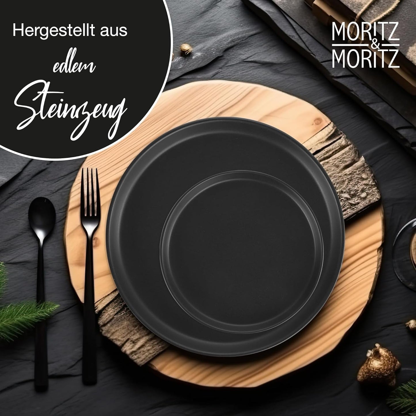 Moritz & Moritz NORDIC 6-personers servisset - 18-delat svart servisset i stengods - Skandinavisk design - 6-personers Robust servisset för dagligt bruk och gäster - Kombinationsset för servis