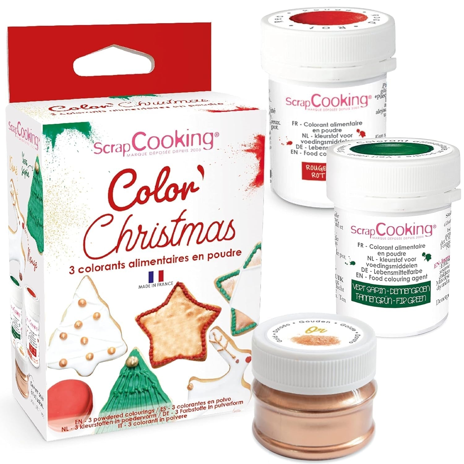 Scrapcooking - Set med 3 pulveriserad julmatfärgning - röd, grön, guld - ätbar matfärg för bakning, kakor, kakor, bakverk, deg, fondant - juldekorationer - 4018