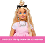 Barbie Doll Deluxe Style nr. 3 med Barbiecore-outfit, blont hår i hög knull, pastellrosa klänning med överdimensionerad rosett och accessoarer som nätstrumpbyxor, HYV27 Naty Shop Dolls