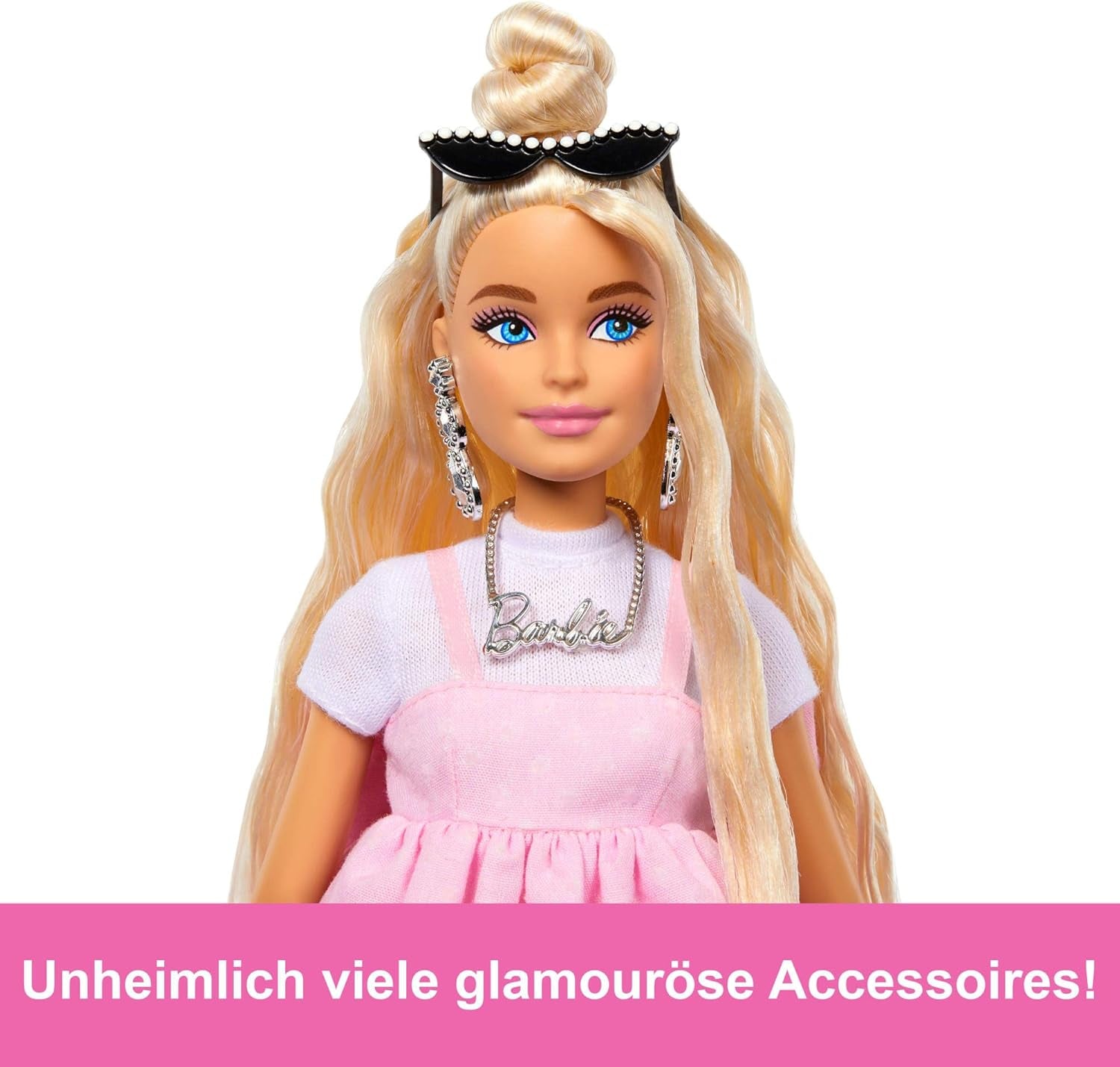 Barbie Doll Deluxe Style nr. 3 med Barbiecore-outfit, blont hår i hög knull, pastellrosa klänning med överdimensionerad rosett och accessoarer som nätstrumpbyxor, HYV27 Naty Shop Dolls