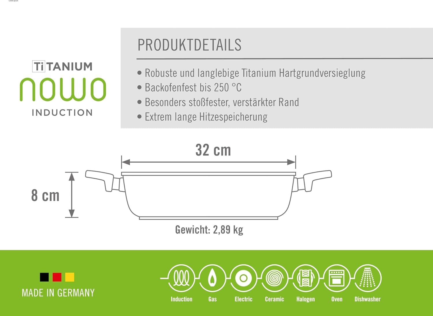 Woll Nowo Titanium Kasserole - Induktiv -, Ø 32 Cm, 8 Cm Hoch, 5,5 Liter, Mit 2 Seitengriffen - Geeignet Für Alle Herdarten Formar och brickor för bakning Naty Shop