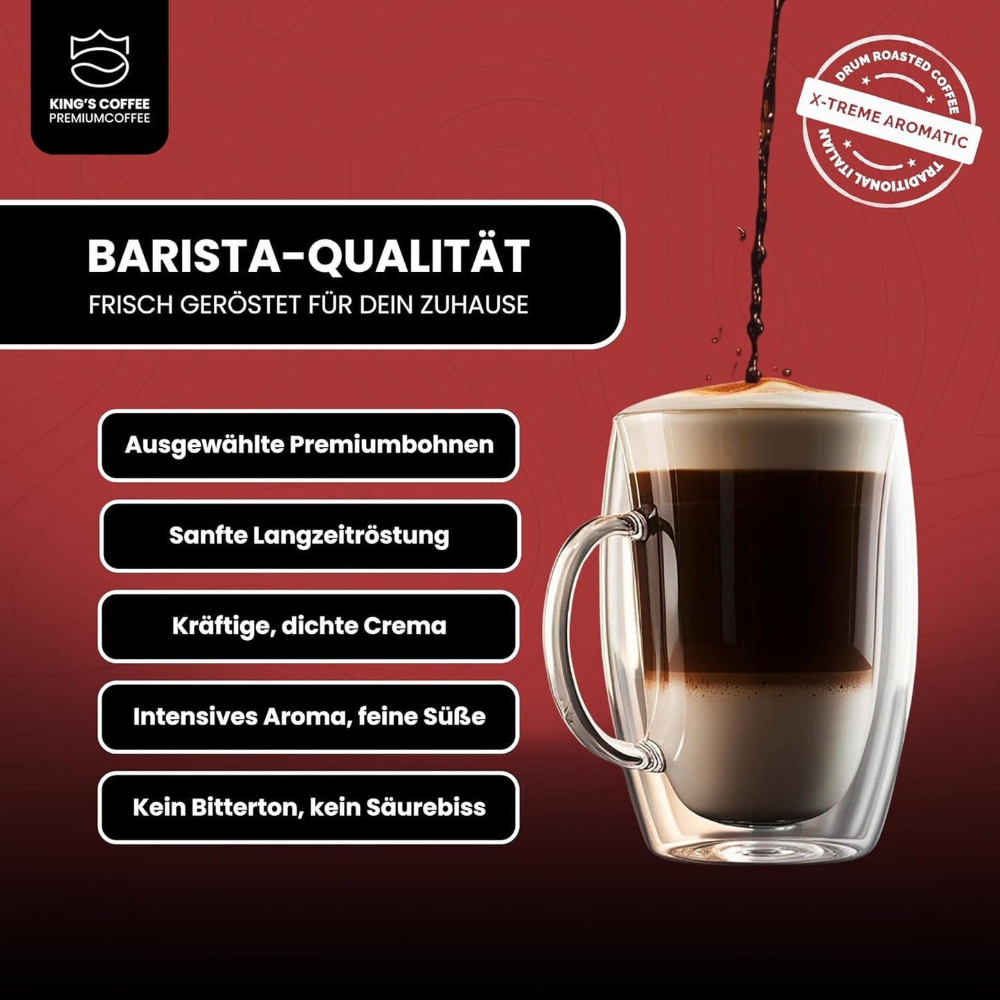 KING'S COFFEE - EXTREME ROAST - Espresso Intenso bönor - mycket låg syra - liten sats rostning från Italien - kaffebönor för helautomatiska maskiner och portafiltermaskiner - 1 kg