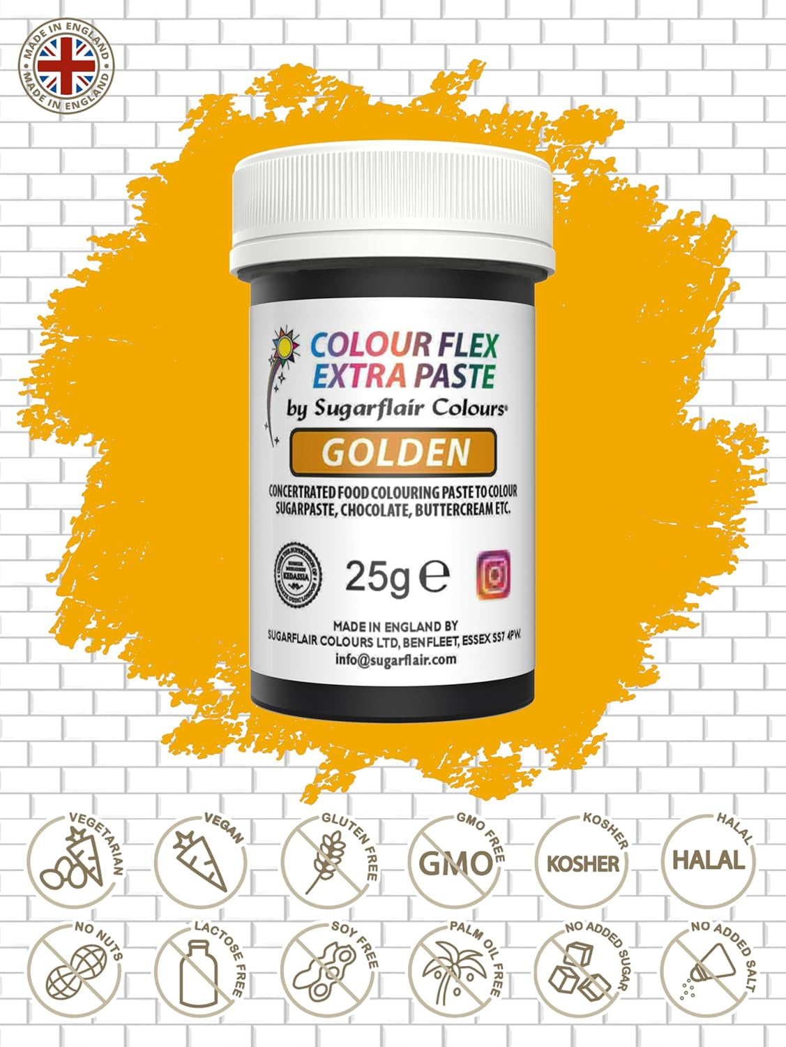 Matfärgspasta Sugarflair Colourflex Extra Paste Golden - Ätbar matfärg för smörkräm, choklad, sugarpaste, glasyr, fondant, kakmixar, deg med mera - 25g