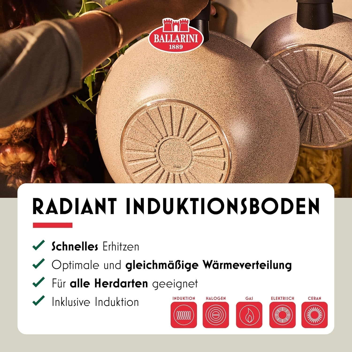 Ledro stekpanna, 24 cm, aluminium, lämplig för induktion, non-stick keramisk beläggning, Thermopoint, Made in Italy, beige grytor och stekpannor Naty Shop