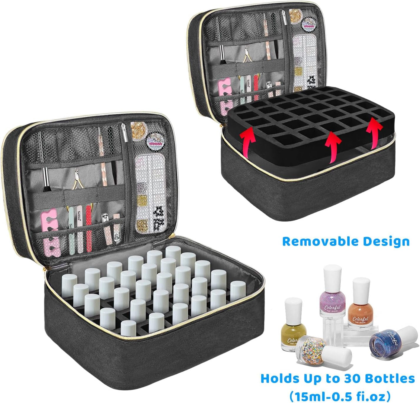 Nail Lacquer Organizer Tasche, Doppelschicht Nail Lacquer Förvaringsbox, Organizer Koffer Für Nageldesign Kosmetiktasche Für 30 Flaschen Neonail Base(15Ml-0,5 Fl.Oz) & 1 Nagellampa(Schwarz)