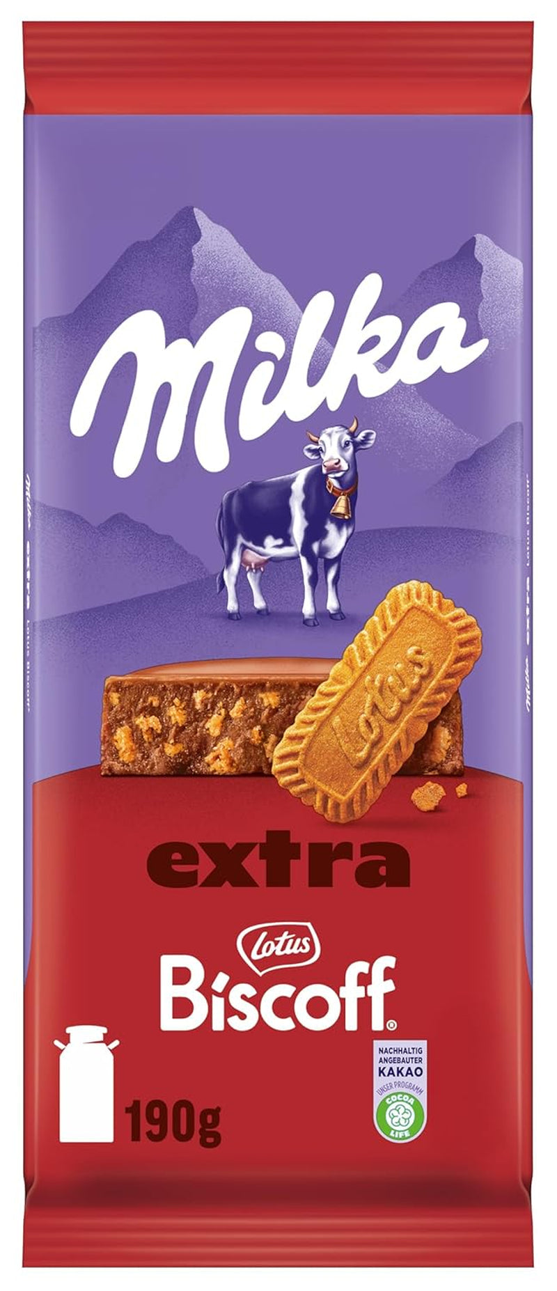 Milka Extra Biscoff Chocolate – Alpin mjölkchoklad med knapriga bitar av Lotus Biscoff-kex – 190g