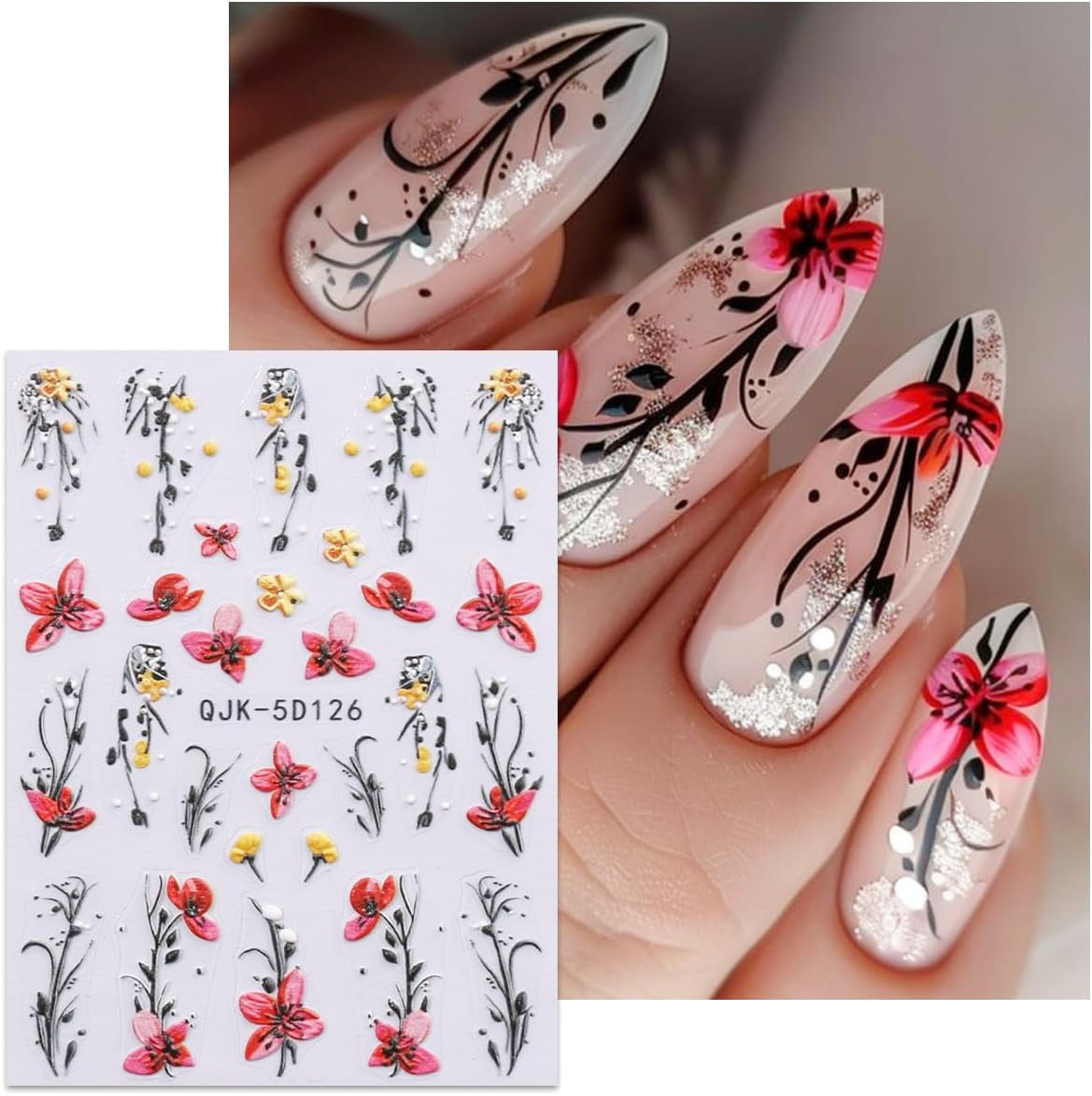 JMEOWIO 3D Nagelsticker Blumen Nail Art Sticker Selbstklebend Nagelaufkleber 5D Stereoskopisk Frühling Sommer Dekoration Nageldesign Zubehör 4 Blatt