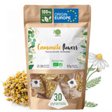 ORIGEENS Ekologiskt kamomillblommate från Europa, 100 g | Lösbladste, ekologiskt te för sömn och matsmältning | Tysk kamomill | Certifierad och förpackad i Tyskland