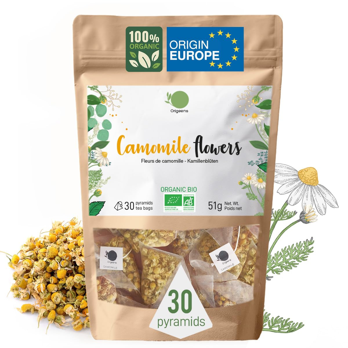 ORIGEENS Ekologiskt kamomillblommate från Europa, 100 g | Lösbladste, ekologiskt te för sömn och matsmältning | Tysk kamomill | Certifierad och förpackad i Tyskland