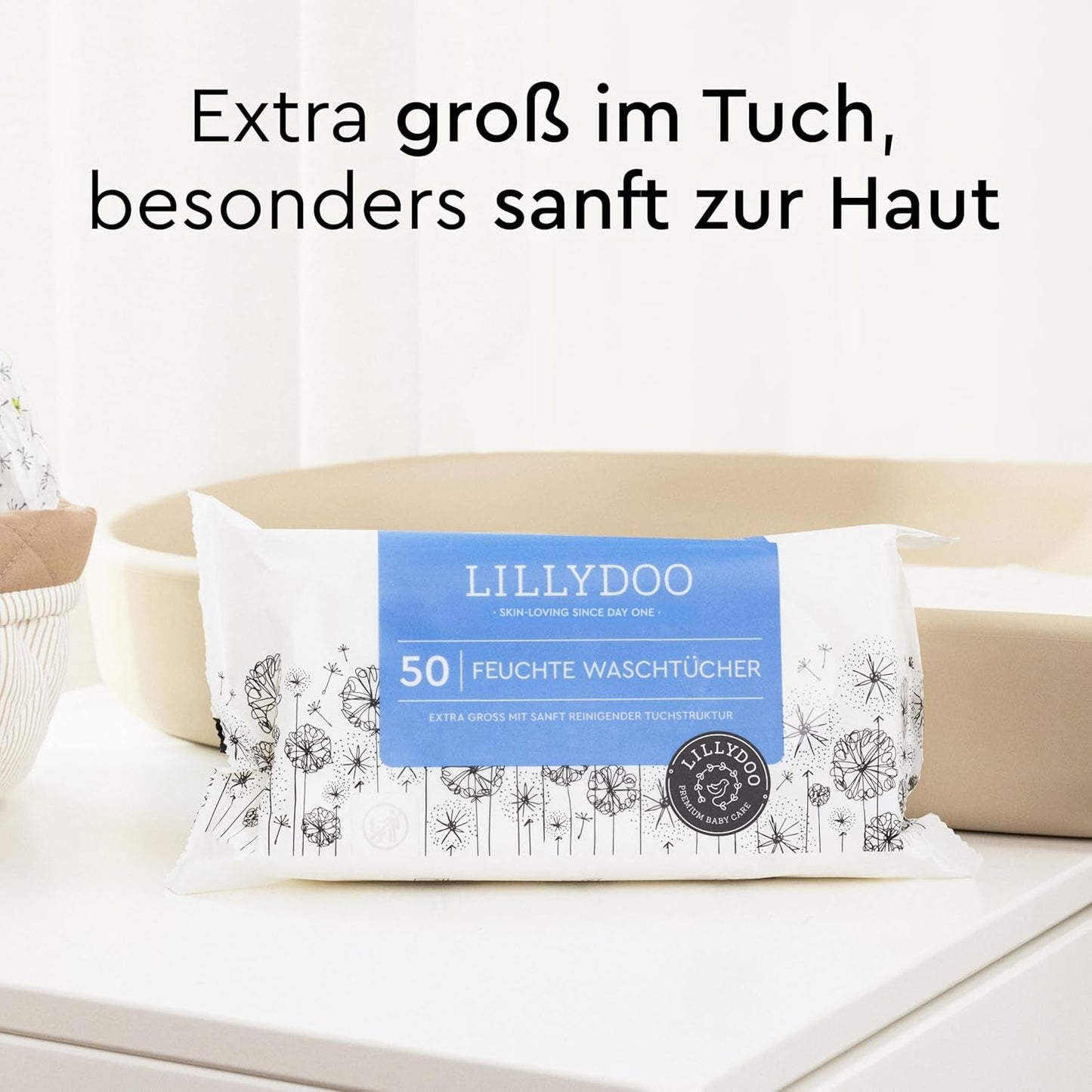 LILLYDOO våtservetter 50 antal 100 % plastfri extra stor våtservett oparfymerad