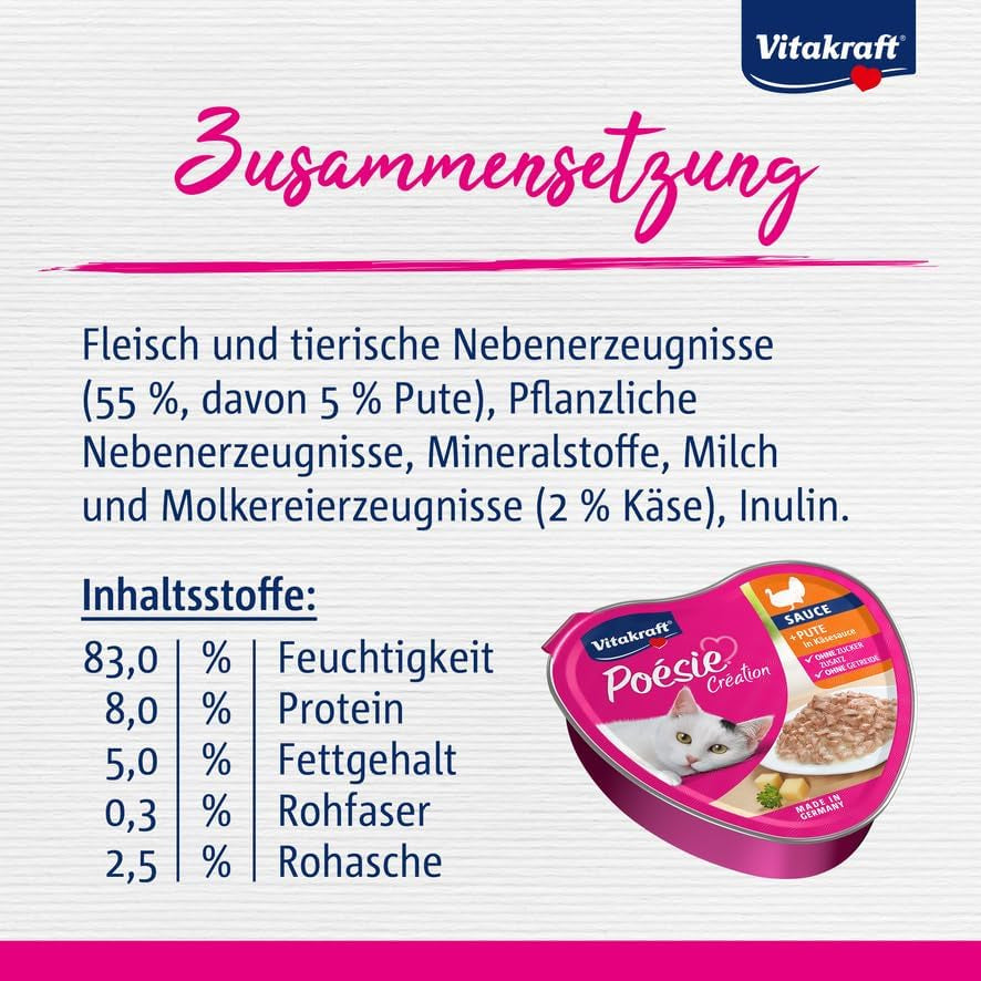 Vitakraft Poésie Création, våt kattmat, våt kattmat i sås, med kalkon i ostsås, multipack, utan tillsatt socker eller spannmål (15 x 85g)