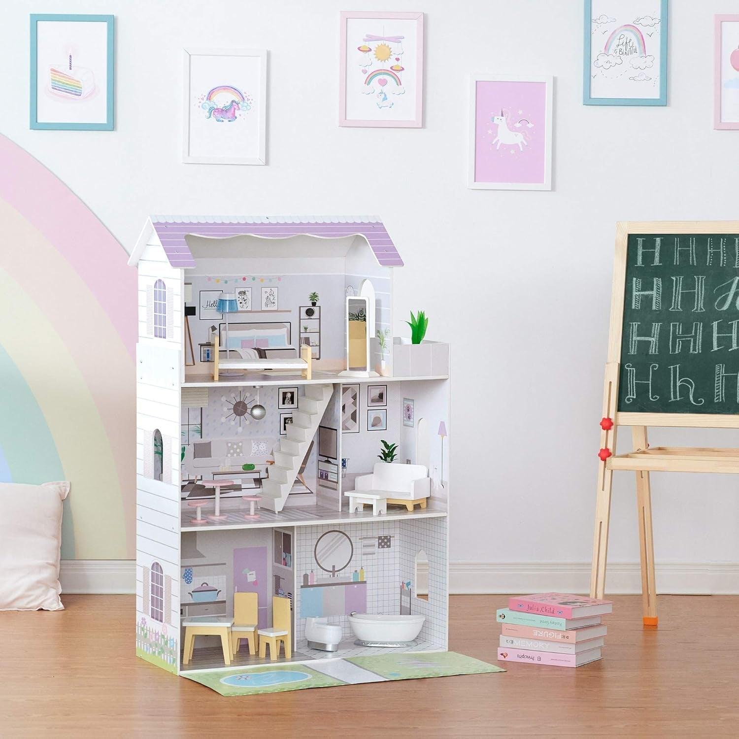Teamson Kids Olivias Little World Giant dockhus med 16 docktillbehör, dockhus i trä med möbler, 3 våningar, dockhus för barn för 12 tum/30 cm dockor, ålder 3 år+ Naty Shop dockhus