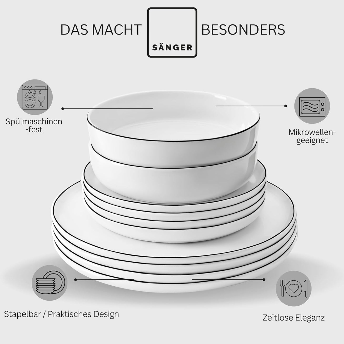 SANGER | Marlo Black and White Edge servisset, 18 delar porslinsservis set för 6, vitt med svarta accenter, mattallrikar, desserttallrikar och skålar, modern design | PREMIUM KOLLEKTIONEN