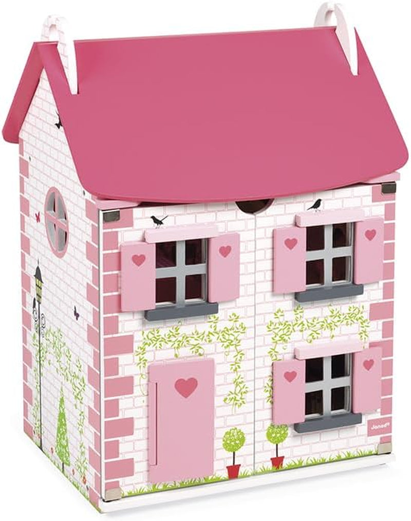 Janod - Mademoiselle Wooden Dollhouse, 3 våningar och 11 tillbehör, replikleksak, utvecklar fantasin, åldrar 3+, J06581, Pink Naty Shop Dollhouses