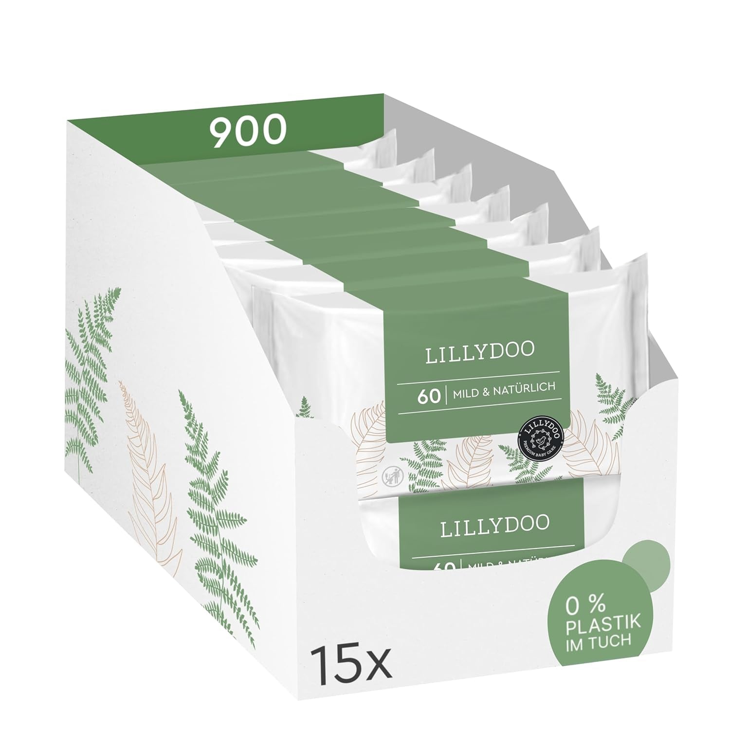 LILLYDOO Gröna våtservetter, 600 antal (10 x 60), 100 % plastfri tårbeständig våtservett - Doftfri, skonsam och naturlig, skonsam rengöring för känslig hud, dermatologiskt testad