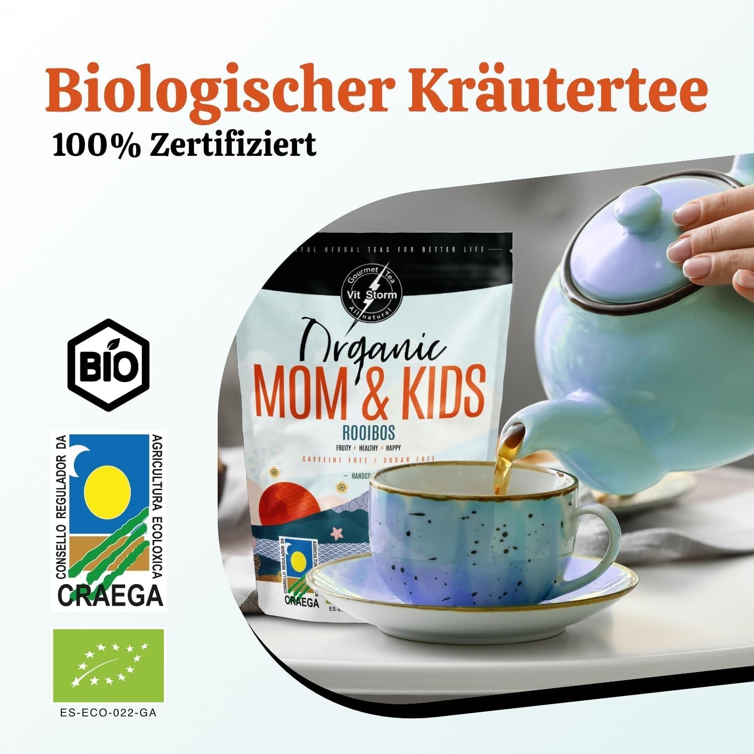 VITSTORM® BIO TEE Mom & Kids - Te för kvinnor och ammande - Rooibos, äpple, fänkål, citronmeliss, alchemilla, jordgubb - Avkopplande te - Fruktigt och gott - Koffeinfritt - Örtte 100 g