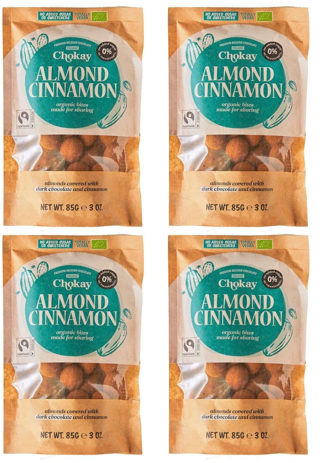 Set med 4 ekologiska bites - kanelmandlar/kanelmandlar i belgisk mörk choklad/utan tillsatt socker, inga sötningsmedel/VEGAN & FAIR TRADE / 4 x 85g
