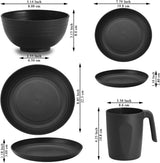 Berglander Black Plastic 24-delat servisset för 6 återanvändbara tallrikar och skålar, inklusive mattallrikar, desserttallrikar, spannmålsskålar och koppar för hem, trädgård och picknick