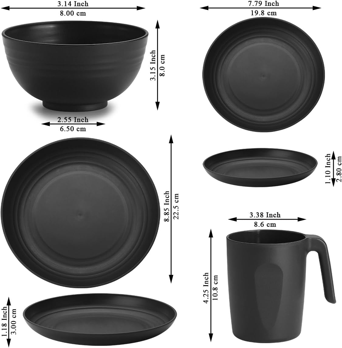 Berglander Black Plastic 24-delat servisset för 6 återanvändbara tallrikar och skålar, inklusive mattallrikar, desserttallrikar, spannmålsskålar och koppar för hem, trädgård och picknick
