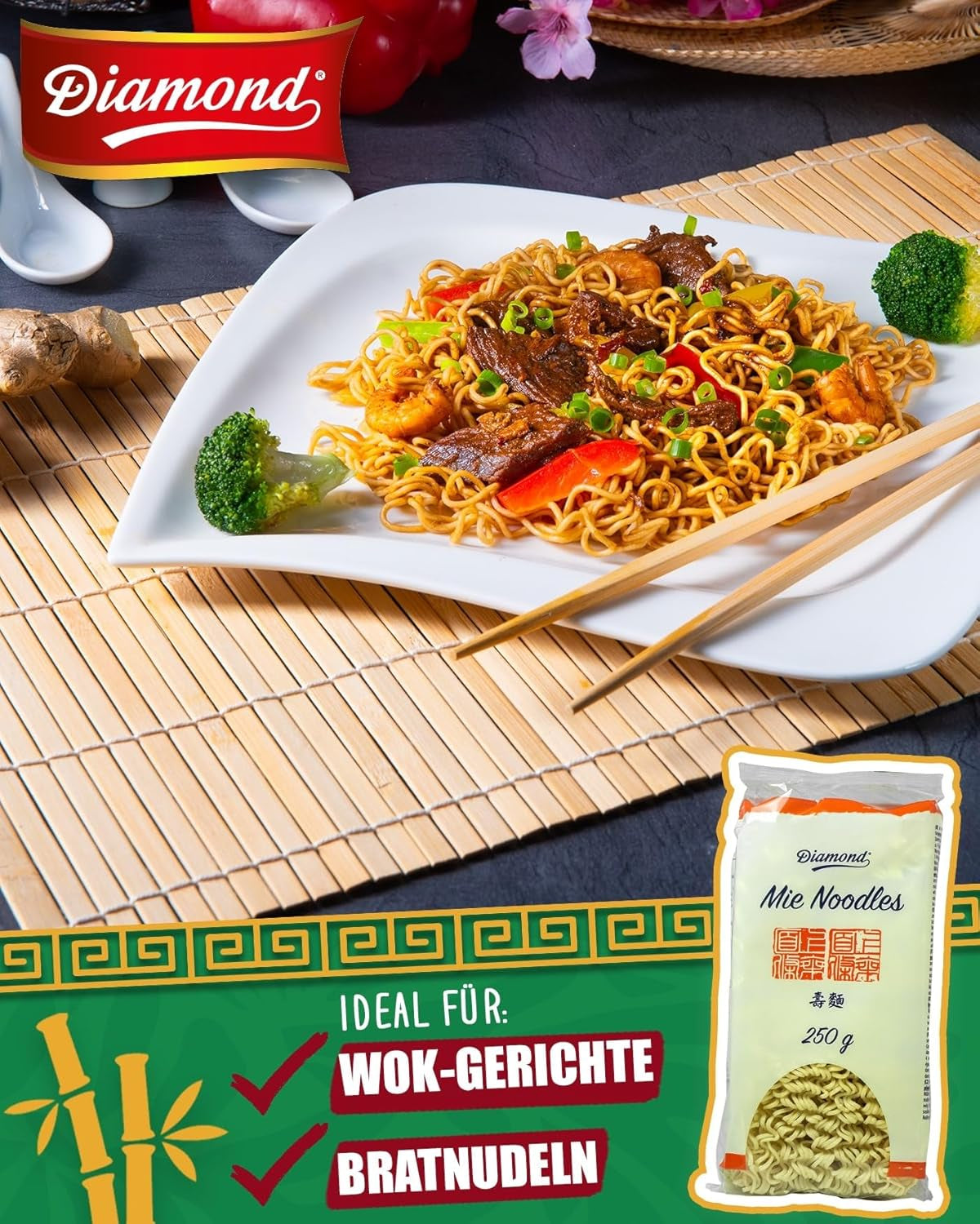 DIAMOND Mie Nudlar, vetenudlar utan ägg, snabbt och enkelt att tillaga, vegetariskt - 8 x 250 g