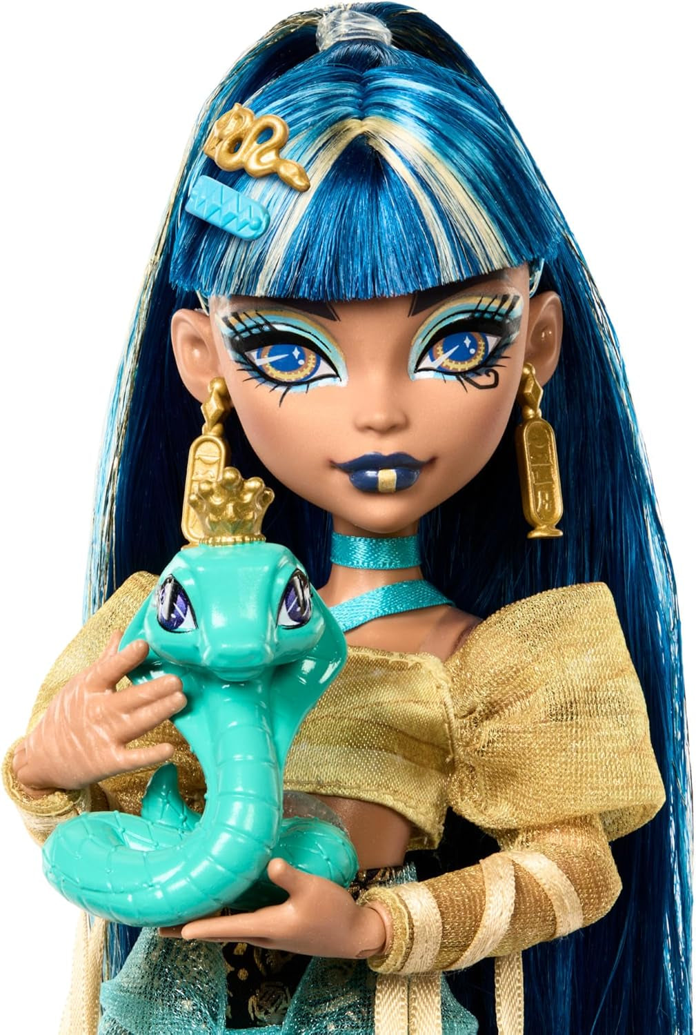Monster High Cleo De Nile docka i guldblus och lagerkjol, inkluderar Hissette cobra och tillbehör som en skolväska, ett mellanmål och en rulle toalettpapper, HXH74
