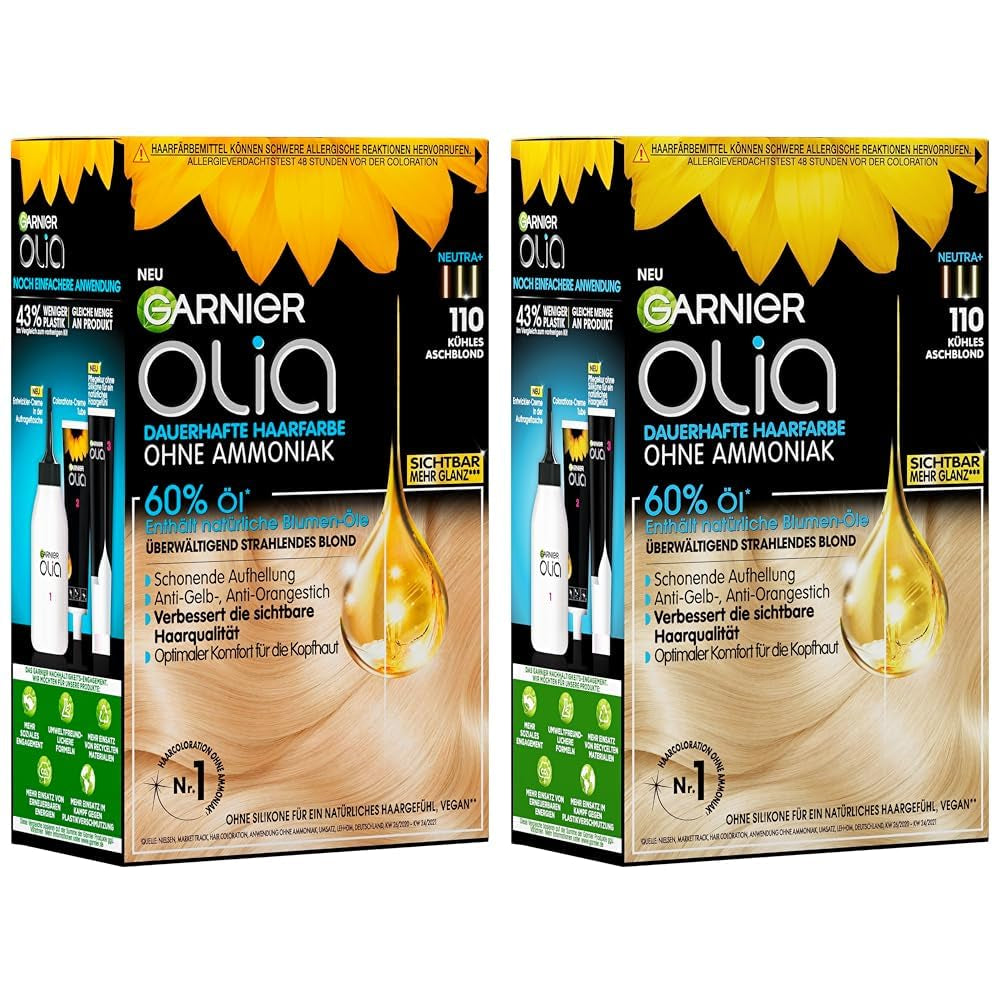Garnier Olia 110 Cool Ash Blond Ammoniakfri Permanent Färg med Närande naturliga oljor Full täckning Grått hår Permanent Färg 1 Styck (2 Pack) Naty Shop Hårfärg Standardtitel