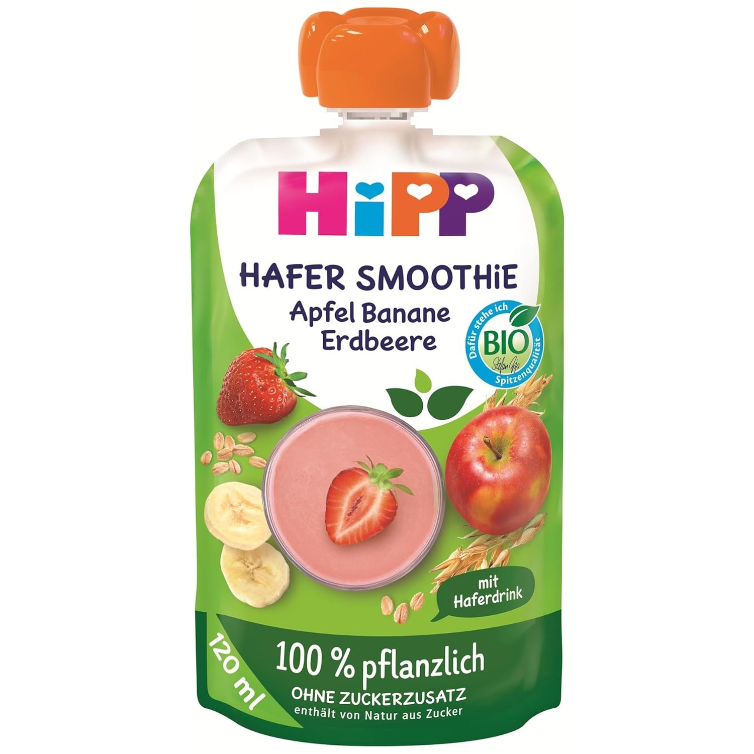 HiPP Bio Quetschie Hafer Smoothie Apfel Banana Erdbeere mit Haferdrink (6 x 120 ml), ab 1 Jahr, 100 % pflanzlich, ohne Zuckerzusatz, vegan, i bästa biokvalitet
