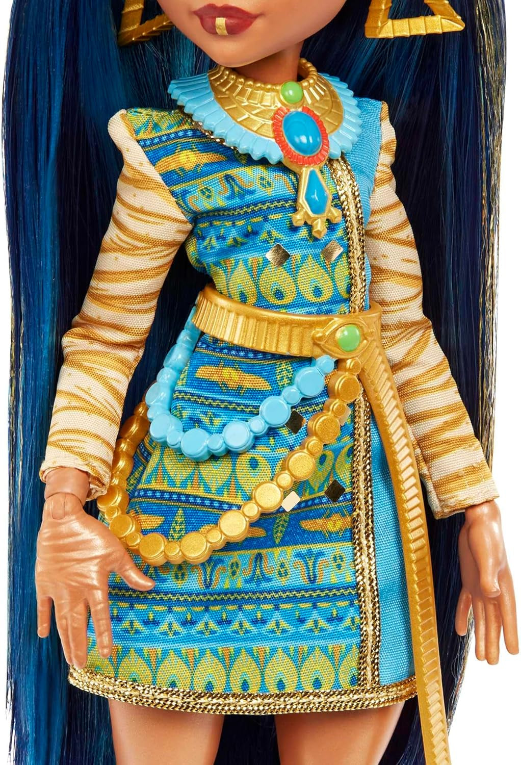 Monster High Cleo de Nile Puppe, Mummie Modepuppe, Königliches Outfit, Killerstiefel, Pyramidenryggsäck, Zubehör, für Kinder ab 4 Jahren, HHK54