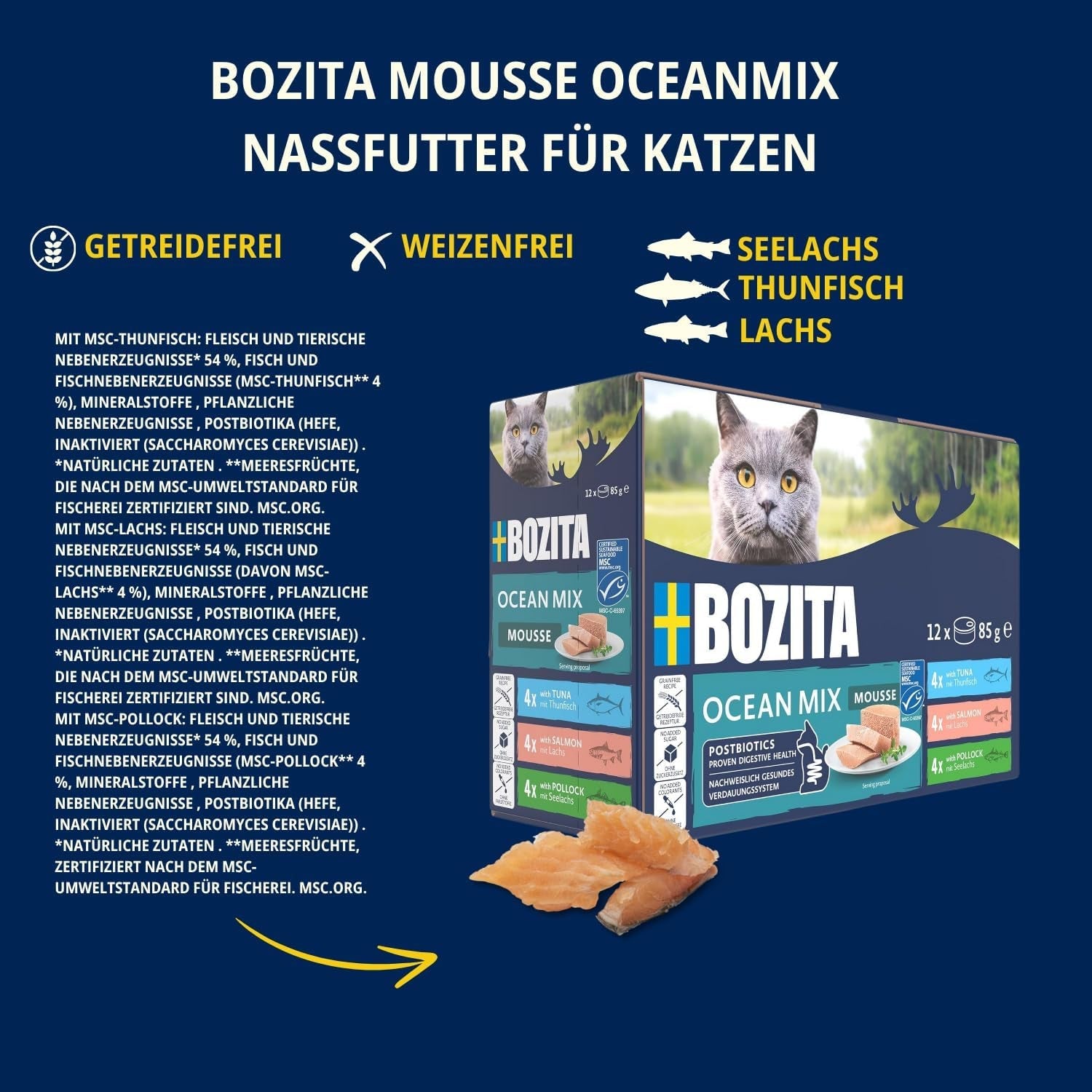 Bozita Mousse Ocean Mix - 12 x 85 g våt kattmat med tonfisk, lax eller gul torsk - spannmålsfri, sockerfri och konstgjorda färger - med postbiotika för en hälsosam tarmflora