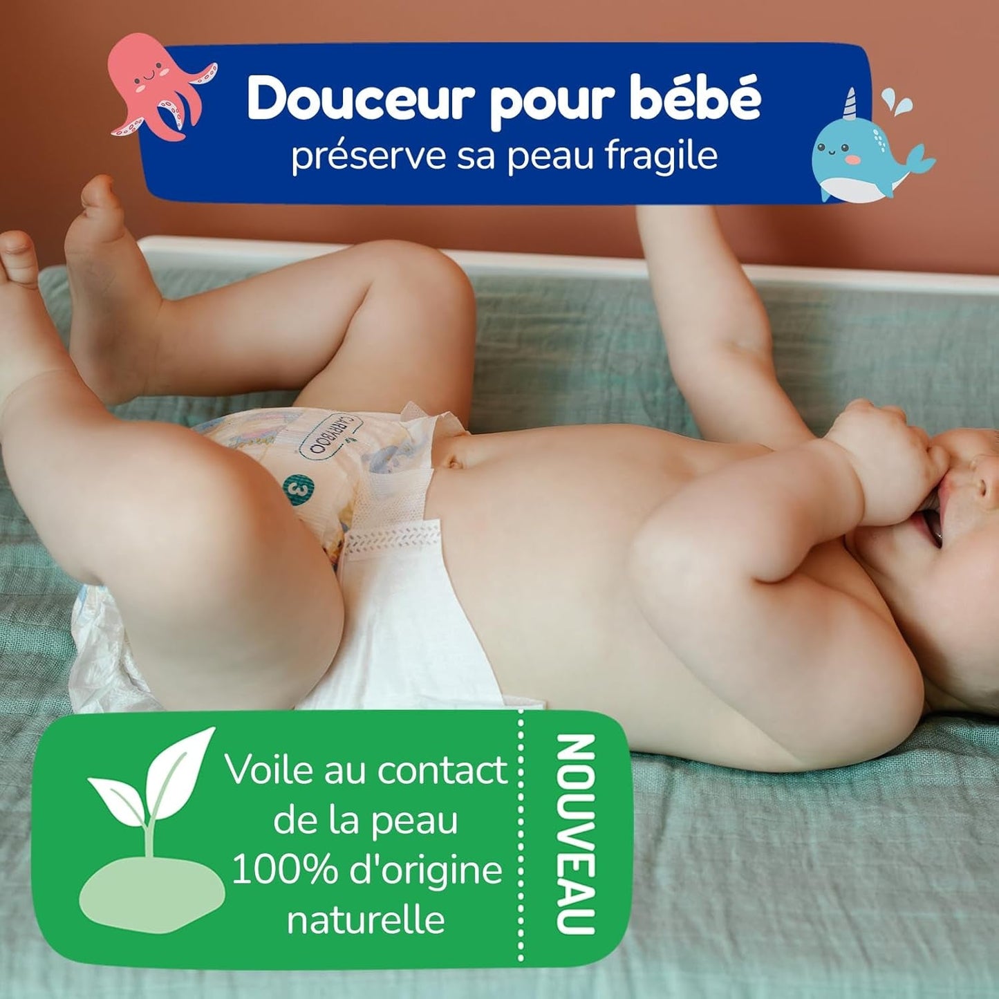 - Blöja storlek 4+ 9-20 kg – Ökologische Babywaidern – natürliche Babypflege, hypoallergen, ohne Parfüm und auslaufsicher – hermestellung in Frankreich – 126 engångsblöjor – 1 månad