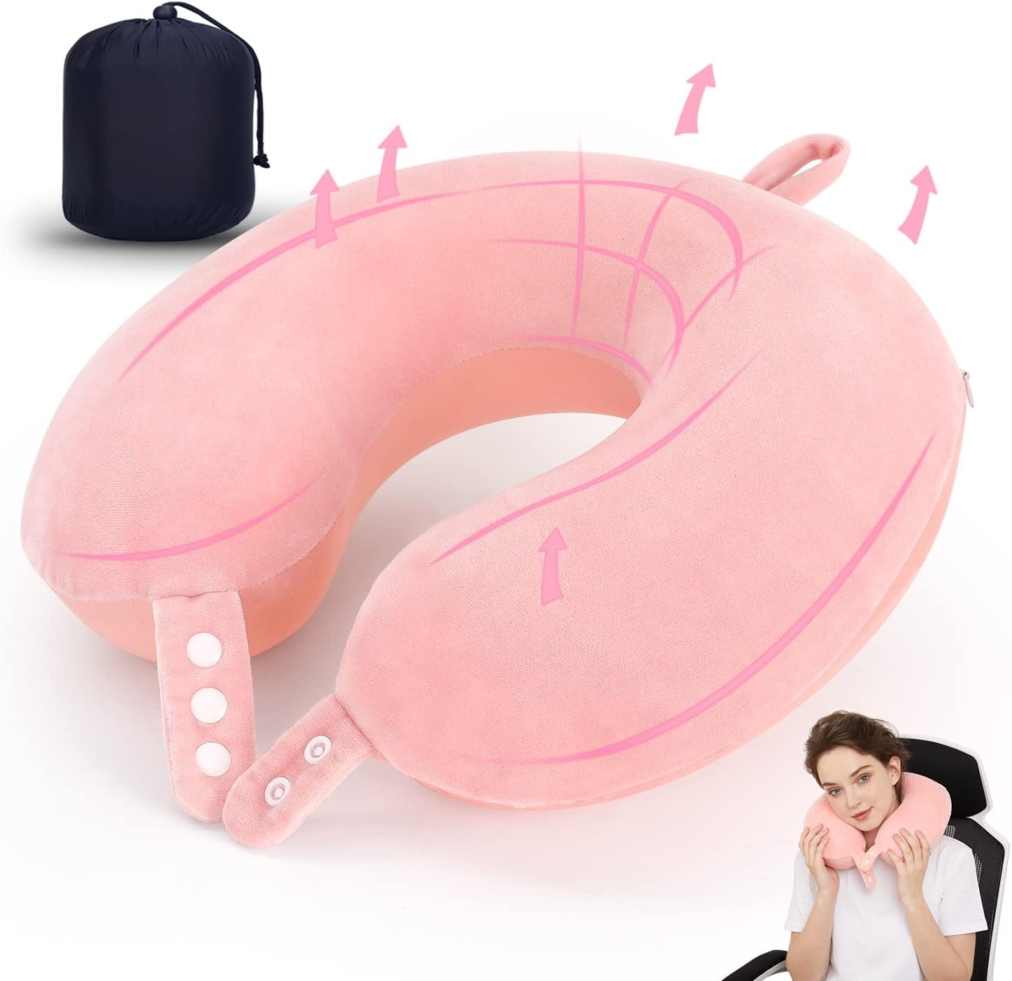 TALLGO rese-nackkudde, den bästa flygplanskudden med minnesskum för nackstöd, justerbar mjuk kudde för flygplan, bil och hem, rosa cervikala ortopediska kuddar Naty Shop Pink Standard