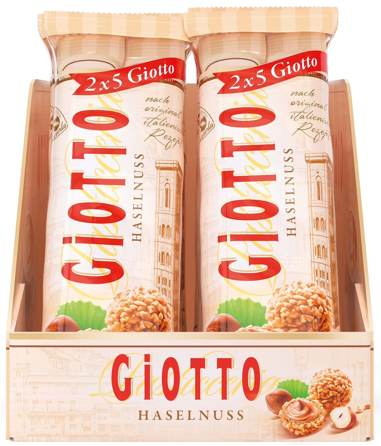GiOTTO – en bakverksspecialitet tillagad enligt ett original italienskt recept – rånskal, fyllning med mjölk och hasselnötsgrädde och glasyr av hasselnötsbitar – 10 x 21,5 g