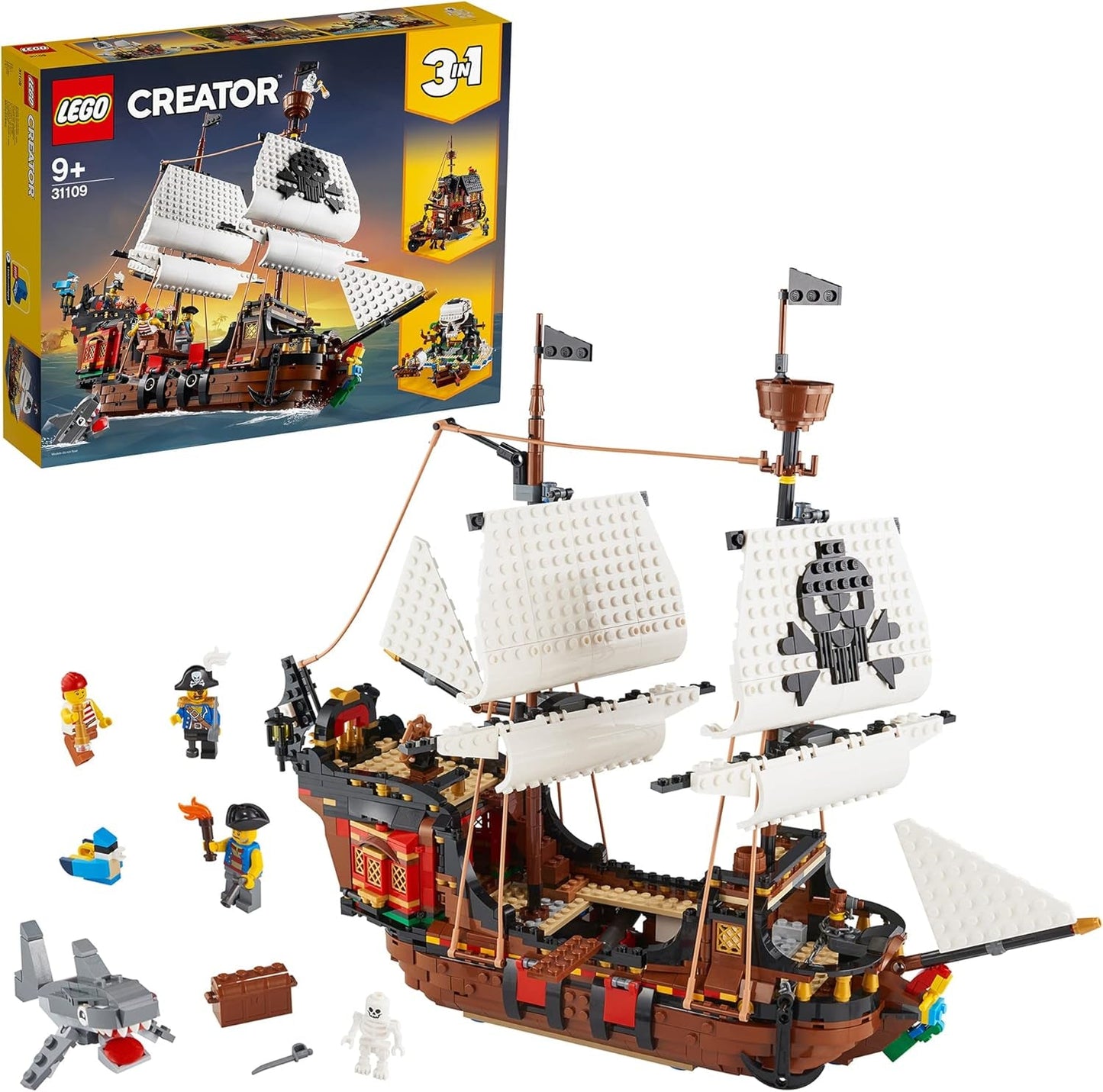 LEGO Creator 3-i-1 piratskeppsset, leksak med 3 byggalternativ, bygg en piratkrog eller skalle Pirate Island, innehåller 3 minifigurer för rollspelsäventyr 31109 Byggset Besuche den LEGO-Store standardförpackning