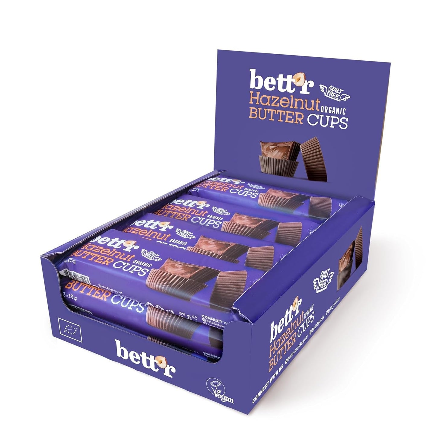 Bett'r Guilt-fria ekologiska hasselnötssmörblommor. 100% vegansk, glutenfri och laktosfri - 12 x 39 g