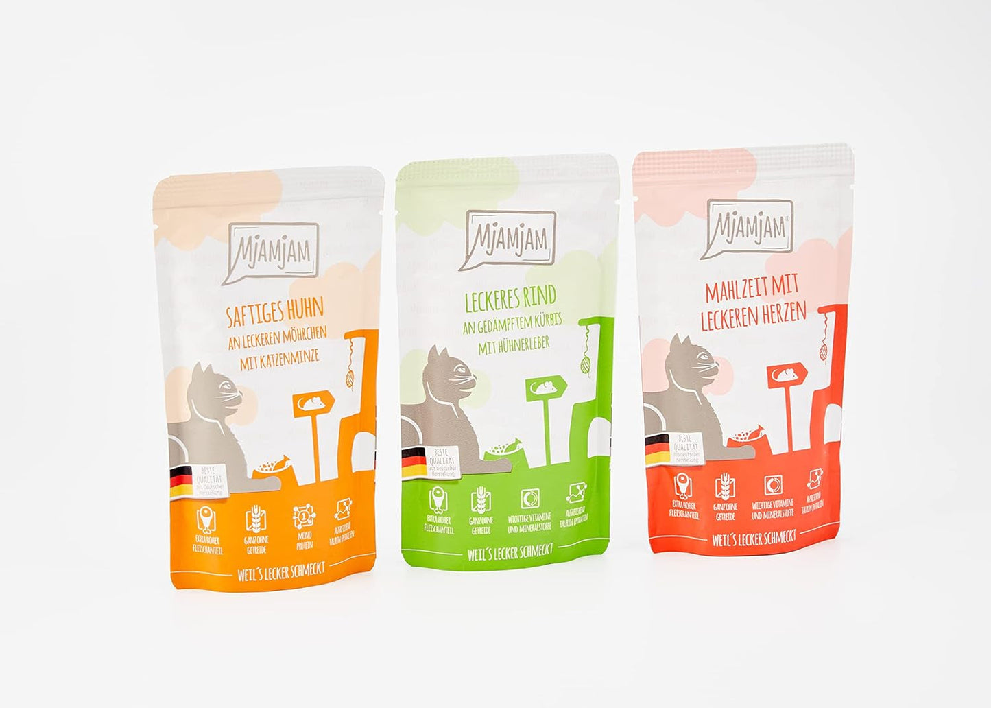 MjAMjAM - Premium Wet Cat Food - Mixed Pack I - Kyckling, nötkött, Hearts 12-pack (12 x 125 g), spannmålsfri med extra kött