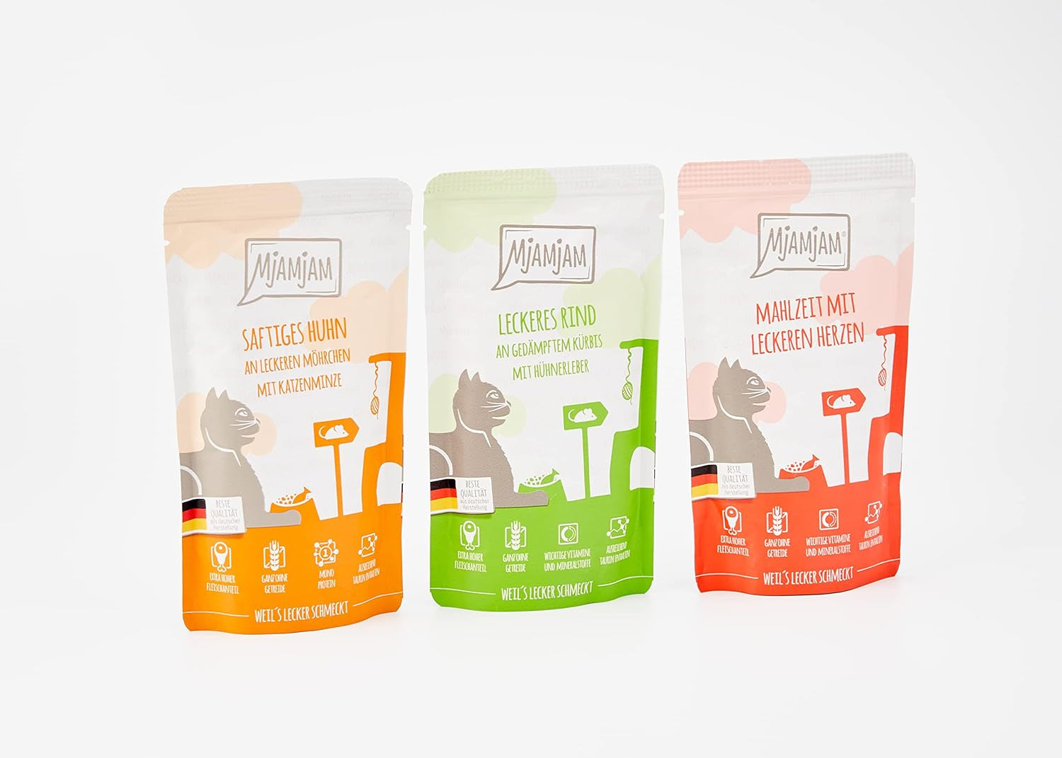 MjAMjAM - Premium Wet Cat Food - Mixed Pack I - Kyckling, nötkött, Hearts 12-pack (12 x 125 g), spannmålsfri med extra kött