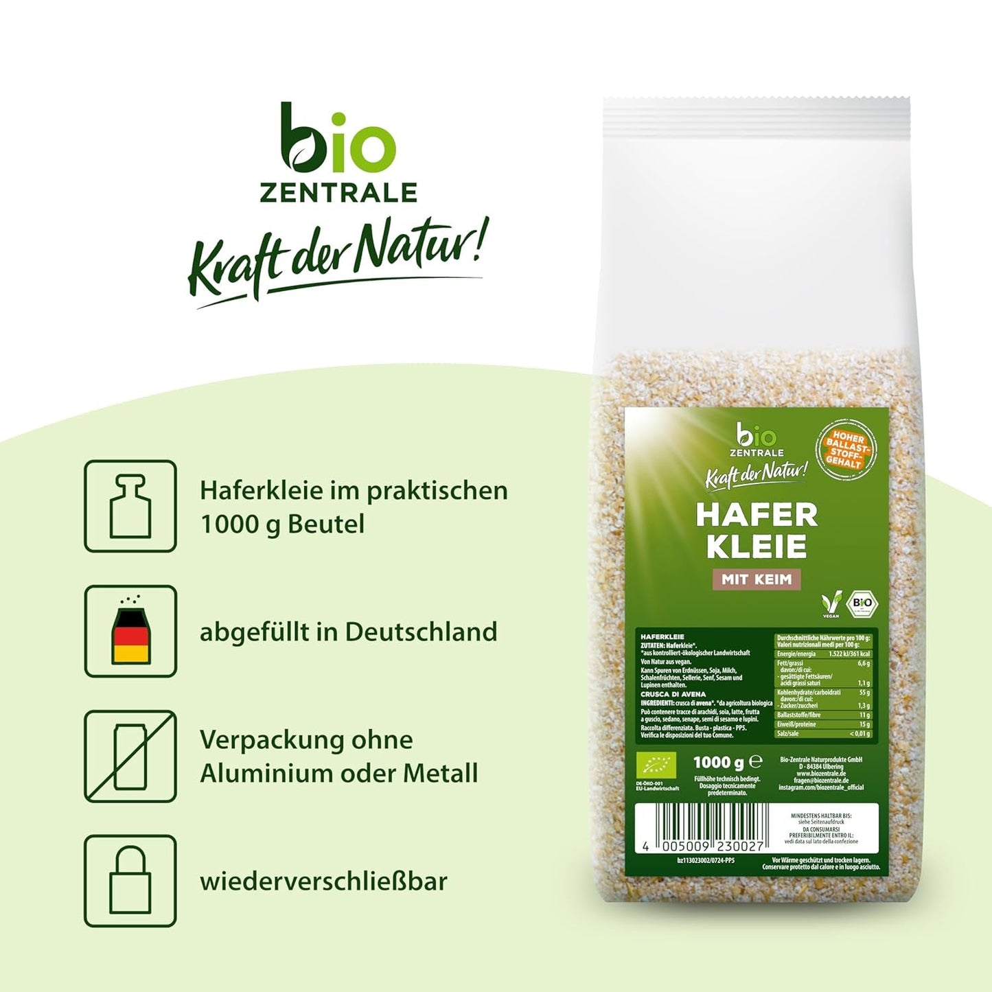 Biocentral ekologisk havrekli 1 kg | Fördelaktigt paket | Proteinkälla med hög fiber | Naturligt vegansk | Från EU:s jordbruk | Lågt sockerinnehåll