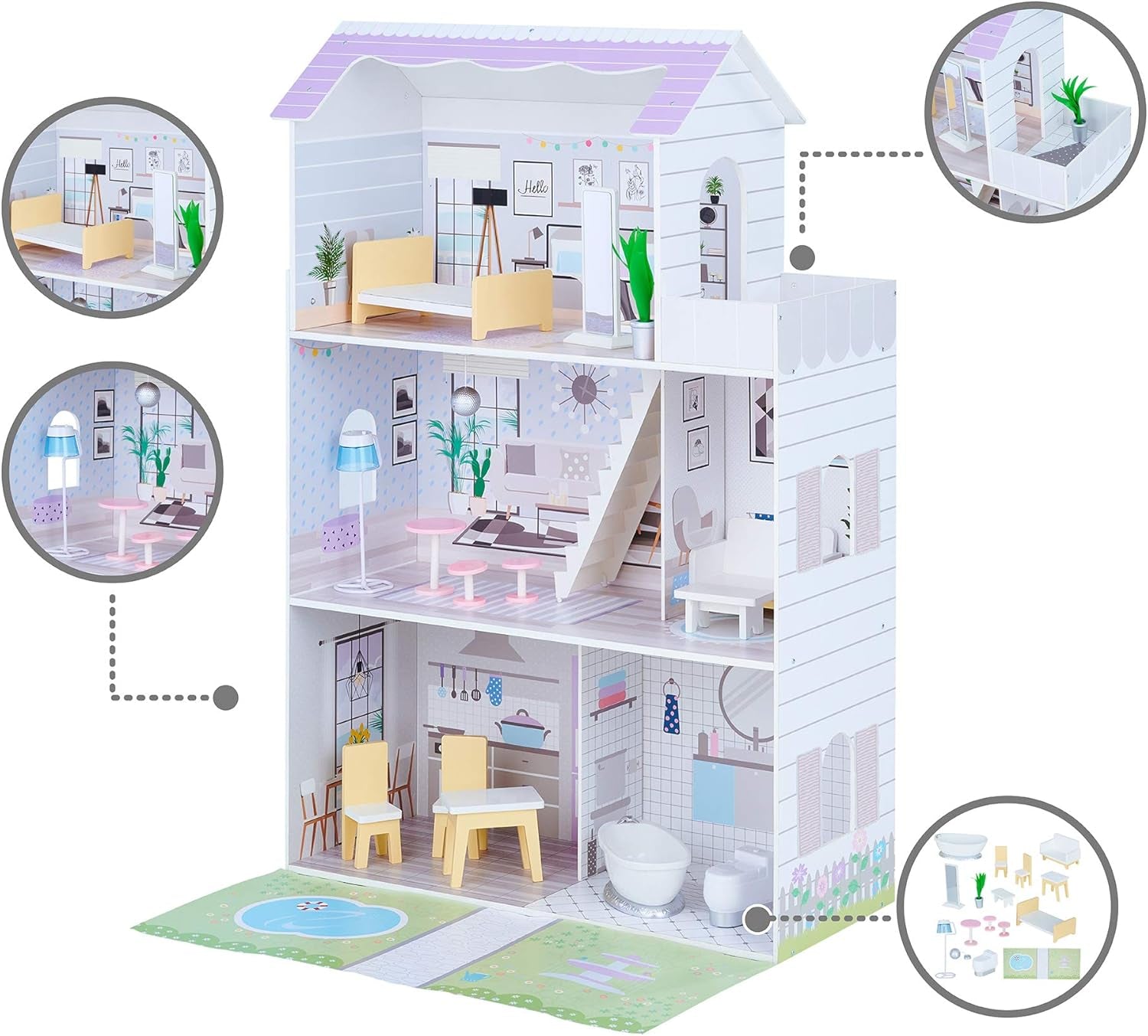Teamson Kids Olivias Little World Giant dockhus med 16 docktillbehör, dockhus i trä med möbler, 3 våningar, dockhus för barn för 12 tum/30 cm dockor, ålder 3 år+ Naty Shop dockhus