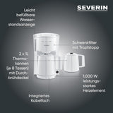 Severin espressomaskin med filter och 2 termokannor, espressomaskin med lock, droppfri upphällning, lång temperaturhållning, automatisk avstängning, 1000 W, ca. 1 liter, vit, KA 9309