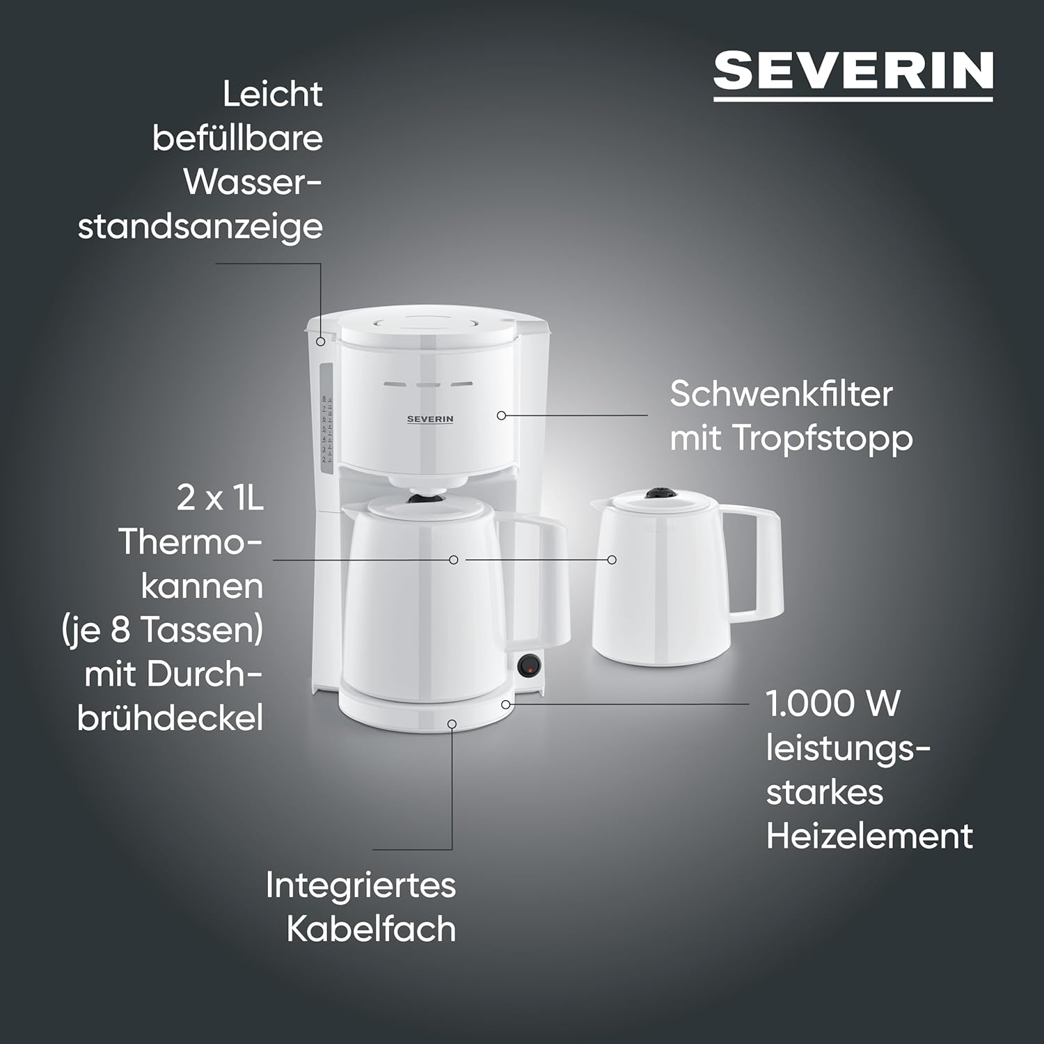 Severin espressomaskin med filter och 2 termokannor, espressomaskin med lock, droppfri upphällning, lång temperaturhållning, automatisk avstängning, 1000 W, ca. 1 liter, vit, KA 9309